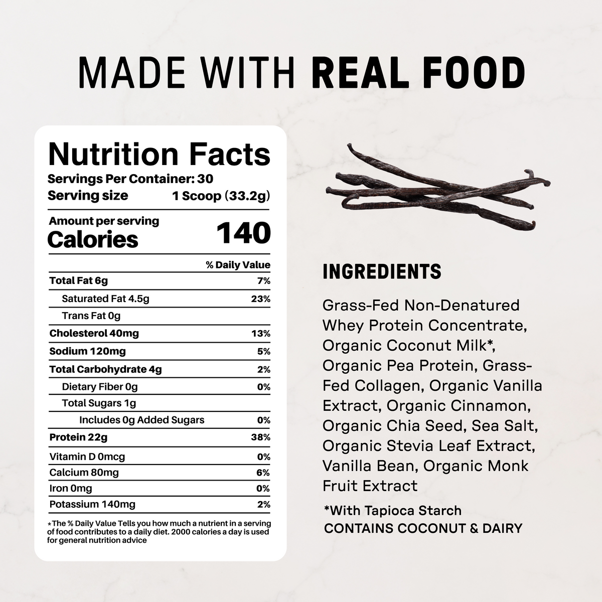 Vanilla Bean Protein Powder - Nutrition Panel